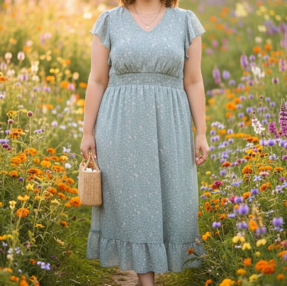 [[SHEIN]] Light Blue Floral Midi Dress